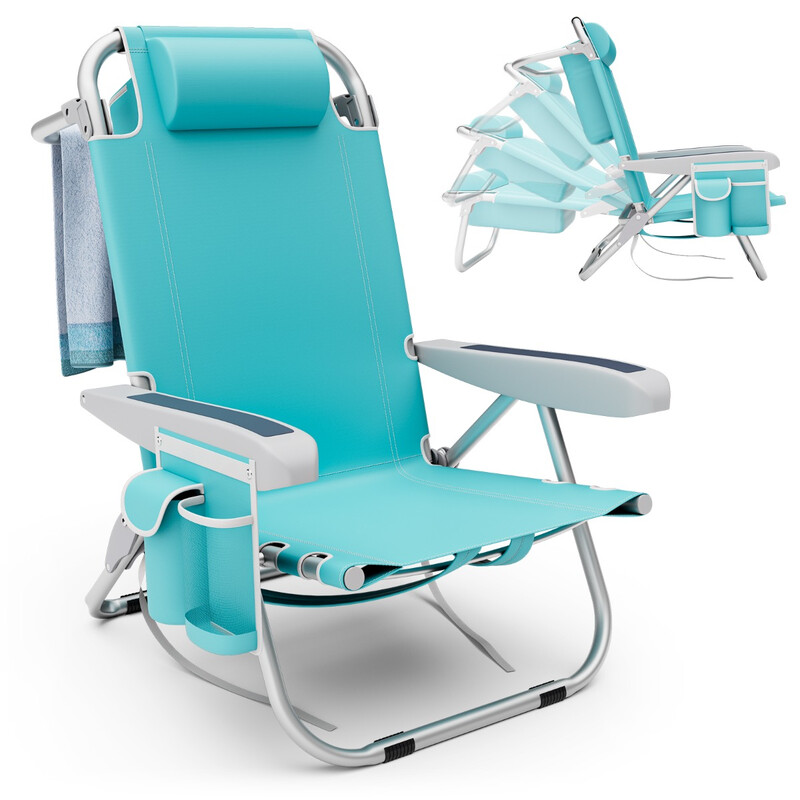 Hopfällbar strandstol med justerbart ryggstöd och förvaringsfickor, lätt och bärbar, blå