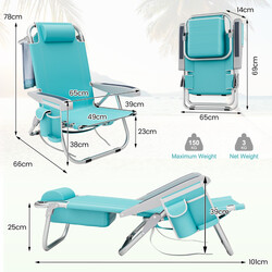 Hopfällbar strandstol med justerbart ryggstöd och förvaringsfickor, lätt och bärbar, blå