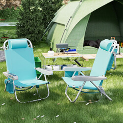 Hopfällbar strandstol med justerbart ryggstöd och förvaringsfickor, lätt och bärbar, blå