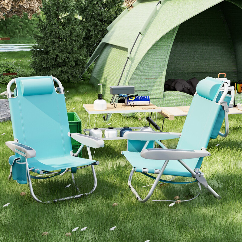 Hopfällbar strandstol med justerbart ryggstöd och förvaringsfickor, lätt och bärbar, blå