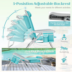 Hopfällbar strandstol med justerbart ryggstöd och förvaringsfickor, lätt och bärbar, blå