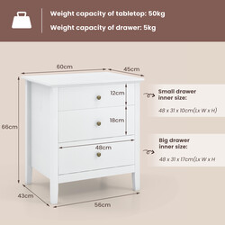 Sängbord med tre lådor i vit MDF för elegant och praktisk förvaring