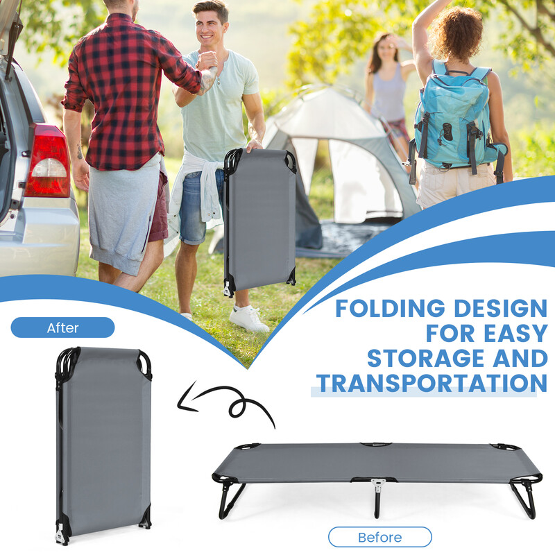 Hopfällbar campingsäng grå 150 kg bärkapacitet med metallram och Oxford-tyg