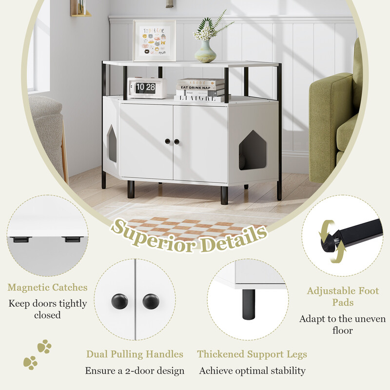 Hörnkattskåp med två dörrar för kattlåda och förvaring, vit design