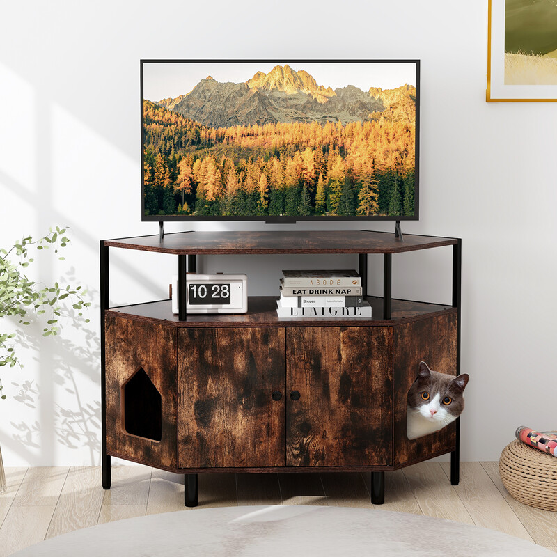 Hörnkattskåp med två dörrar för kattlåda i rustik stil, vit och hållbar design