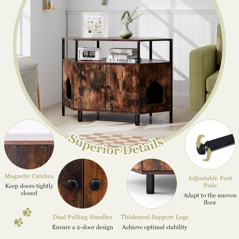 Hörnkattskåp med två dörrar för kattlåda i rustik stil, vit och hållbar design