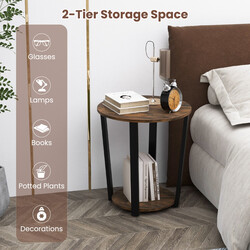 Runt sidobord med öppen hylla och metallram i rustikbrun design