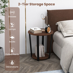 Runt sidobord med öppen hylla och metallram i rustik brun design