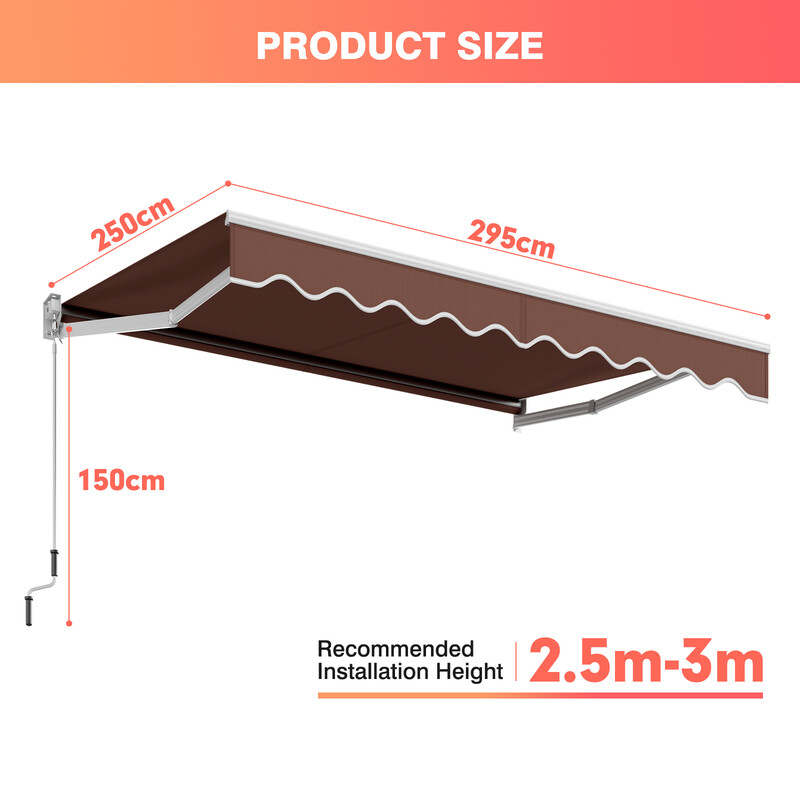 Brun justerbar balkongmarkis med handvev för terrass och fönster, 3 x 2,5 m