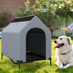 2-i-1 hundhus och upphöjt hundbädd med nät för utomhusbruk grå 75x110x106 cm