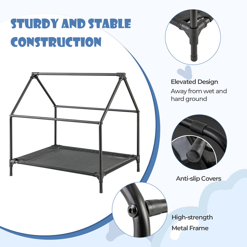 2-i-1 hundhus och upphöjt hundbädd för utomhusbruk med nätväv grå 64x91x86 cm