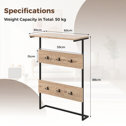 Vägghängare med hylla och 6 krokar i industriell stil för hemförvaring