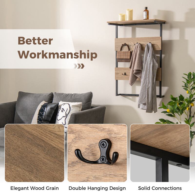 Vägghängare med hylla och 6 krokar i industriell stil för hemförvaring
