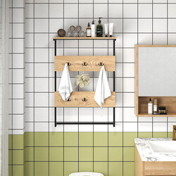 Vägghängare med hylla och 6 krokar i industriell stil för hemförvaring