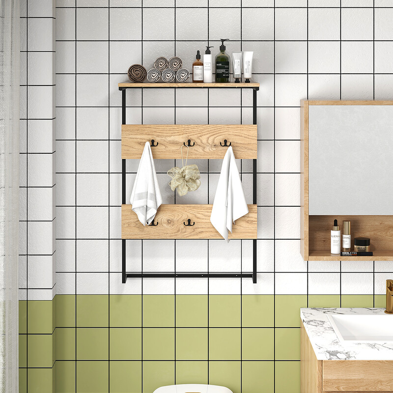 Vägghängare med hylla och 6 krokar i industriell stil för hemförvaring