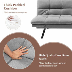 Grå bäddsoffa med justerbar rygg och armstöd, kompakt och bekväm för små utrymmen