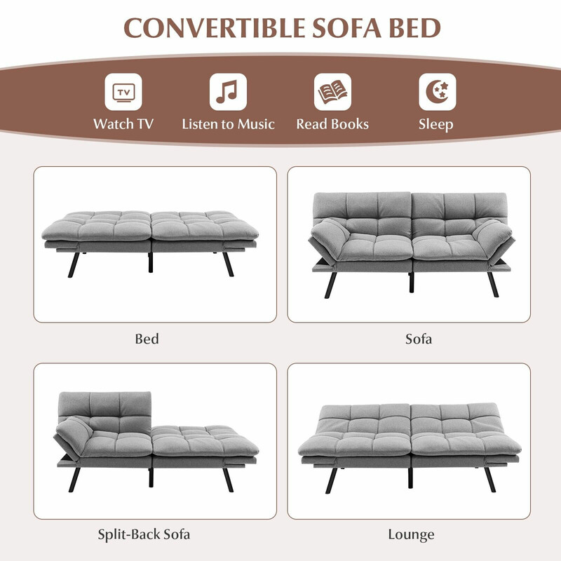 Grå bäddsoffa med justerbar rygg och armstöd, kompakt och bekväm för små utrymmen