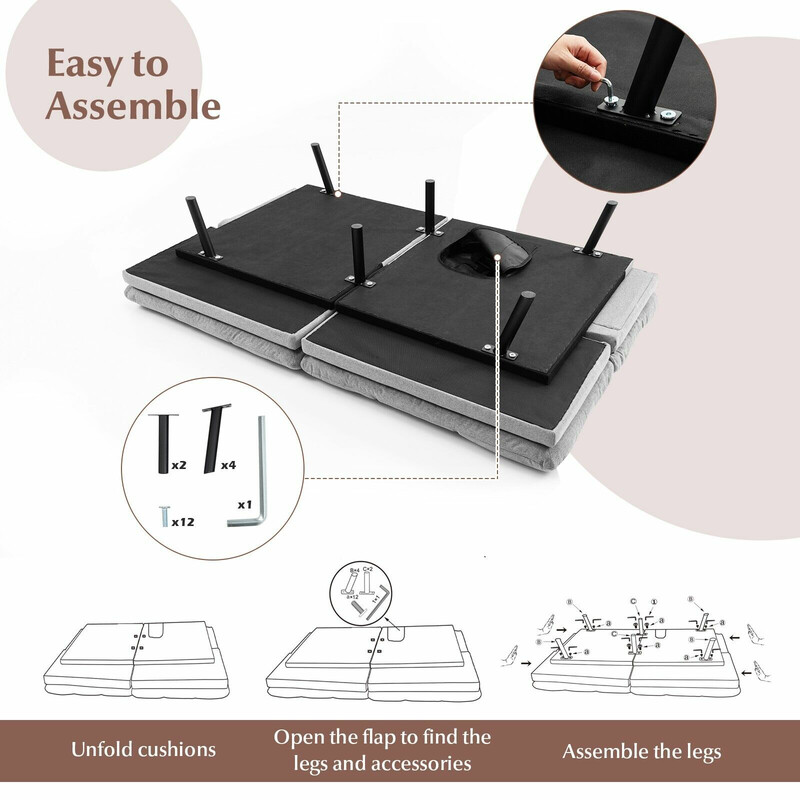 Grå bäddsoffa med justerbar rygg och armstöd, kompakt och bekväm för små utrymmen