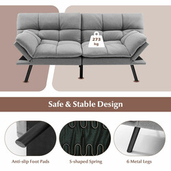 Grå bäddsoffa med justerbar rygg och armstöd, kompakt och bekväm för små utrymmen