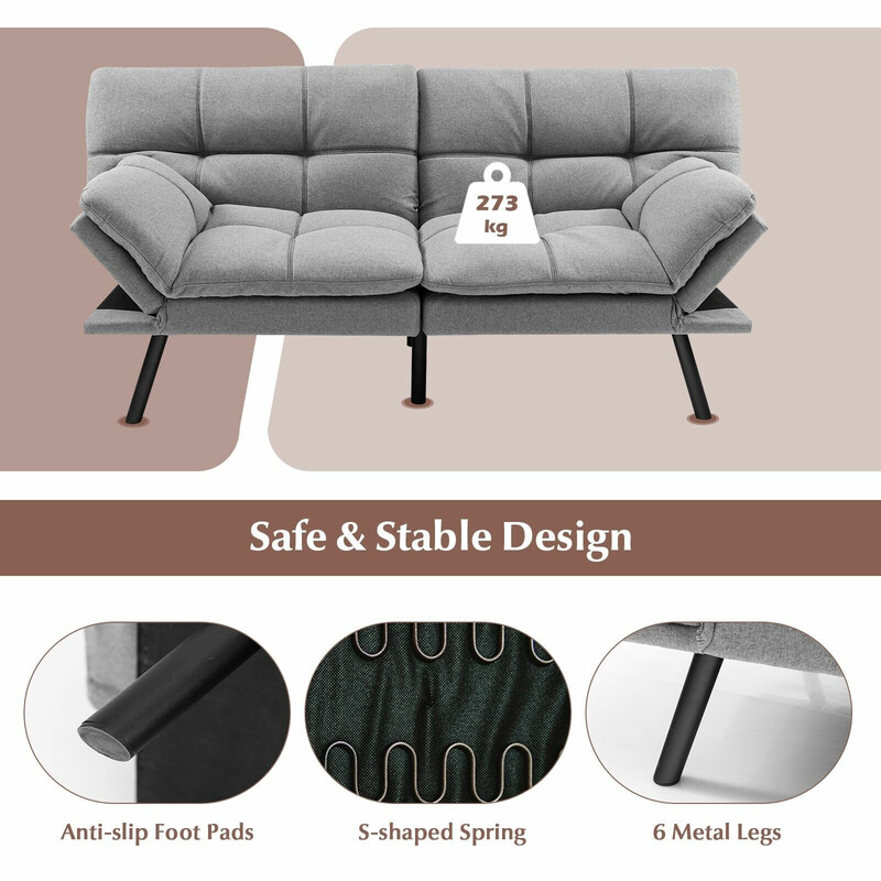 Grå bäddsoffa med justerbar rygg och armstöd, kompakt och bekväm för små utrymmen