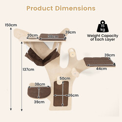 Väggmonterat kattträd med plattformar, hängmatta och klöspelare i brun färg