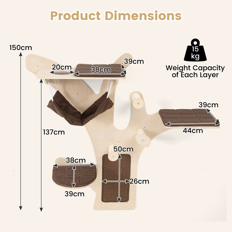 Väggmonterat kattträd med plattformar, hängmatta och klöspelare i brun färg