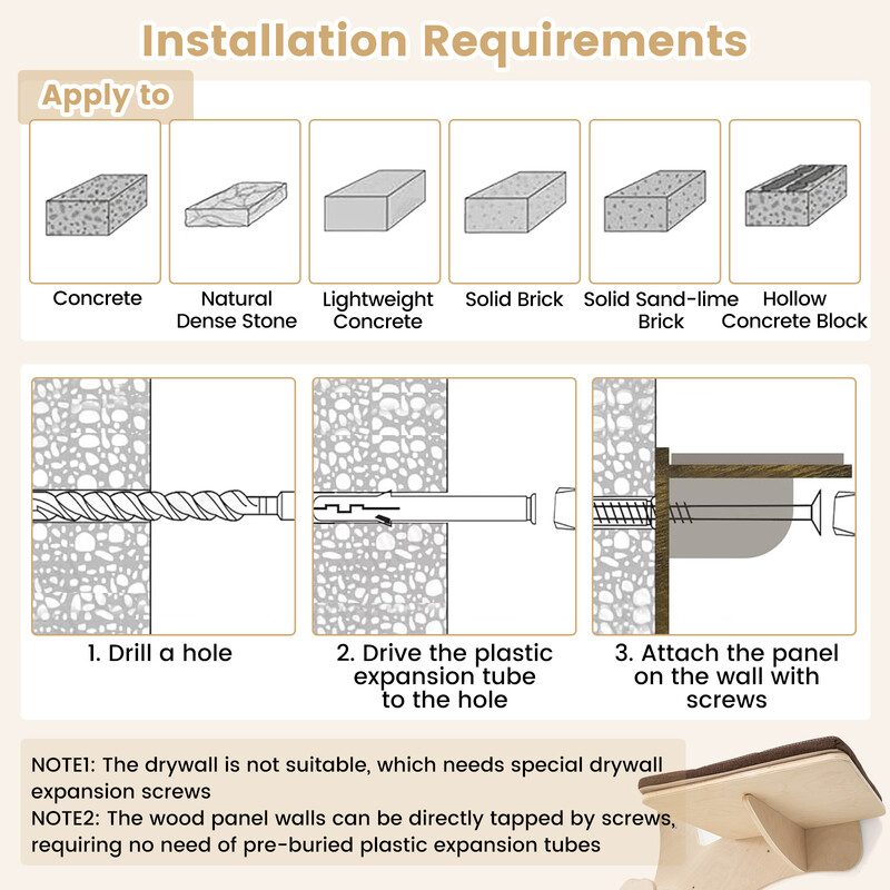 Väggmonterat kattträd med plattformar, hängmatta och klöspelare i brun färg