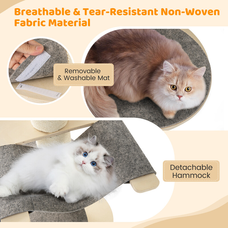 Grått klösträd för katter med hängmatta, tre plattformar och sisalmatta 120 cm