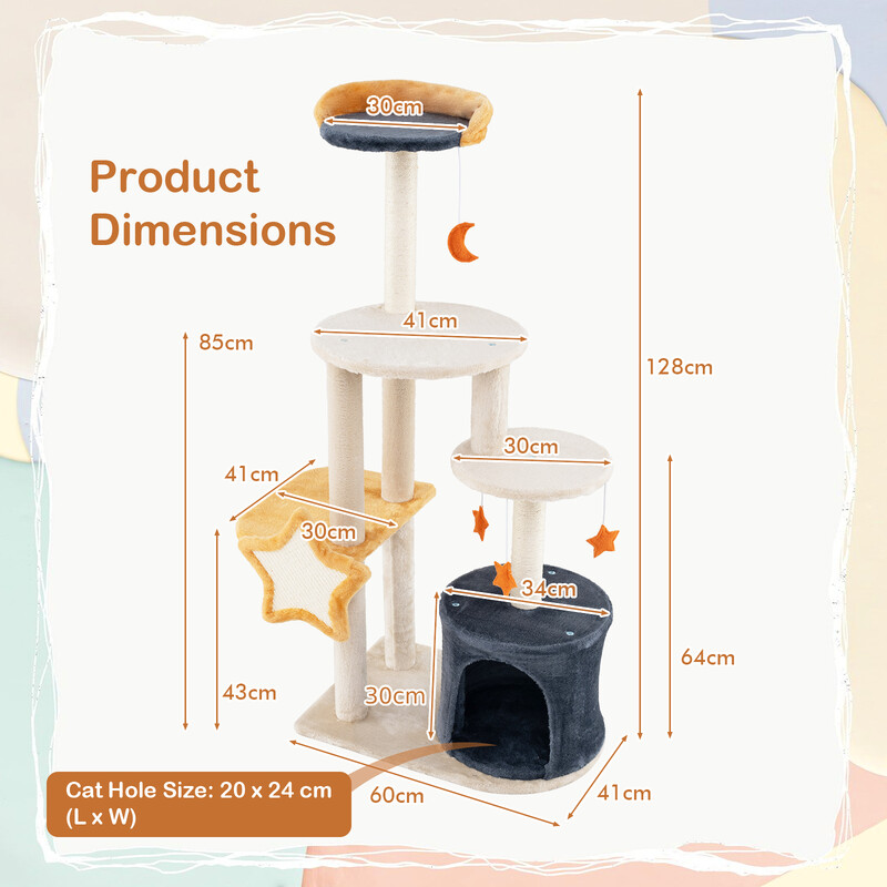 Klätterträd för katter med krypin, plyschplattformar och leksaker, beige, 60 x 41 x 128 cm