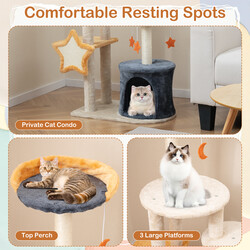 Klätterträd för katter med krypin, plyschplattformar och leksaker, beige, 60 x 41 x 128 cm