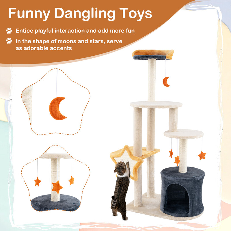 Klätterträd för katter med krypin, plyschplattformar och leksaker, beige, 60 x 41 x 128 cm