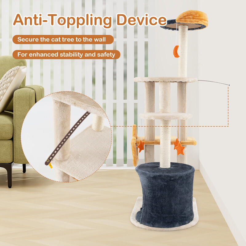 Klätterträd för katter med krypin, plyschplattformar och leksaker, beige, 60 x 41 x 128 cm