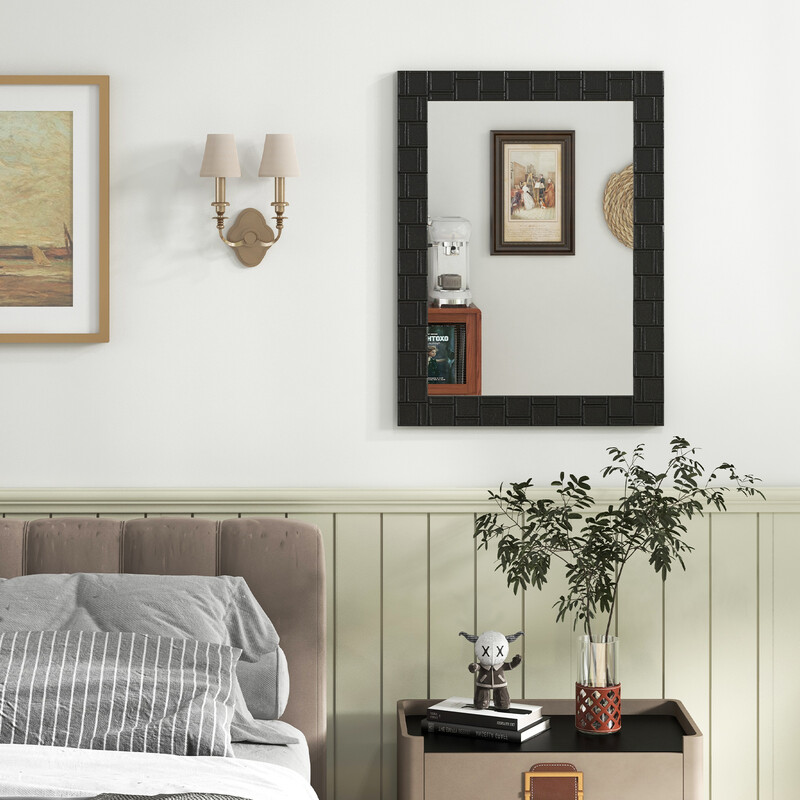 Svart väggspegel 80x60 cm med ram av gummiträ för badrum och kosmetik användning