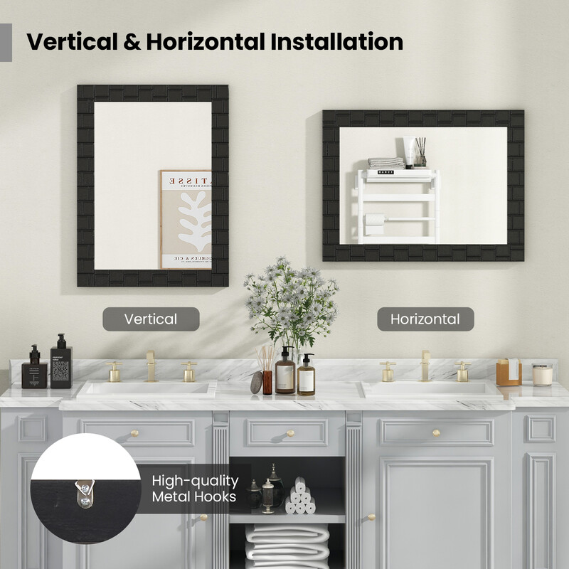 Svart väggspegel 80x60 cm med ram av gummiträ för badrum och kosmetik användning