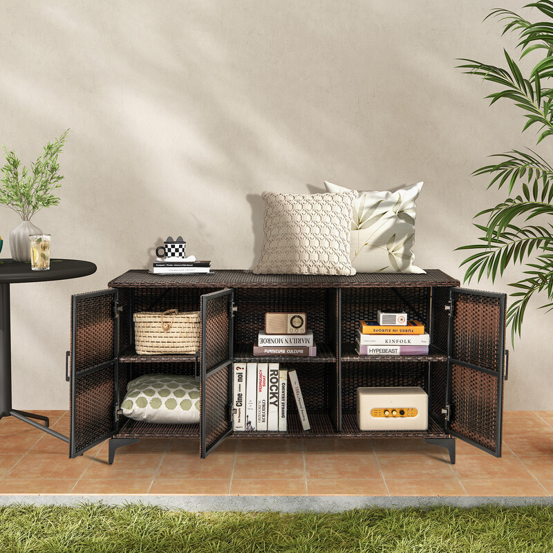 Rymligt brunt förvaringsskåp i rotting för utomhusbruk med avtagbara hyllor och dörrar