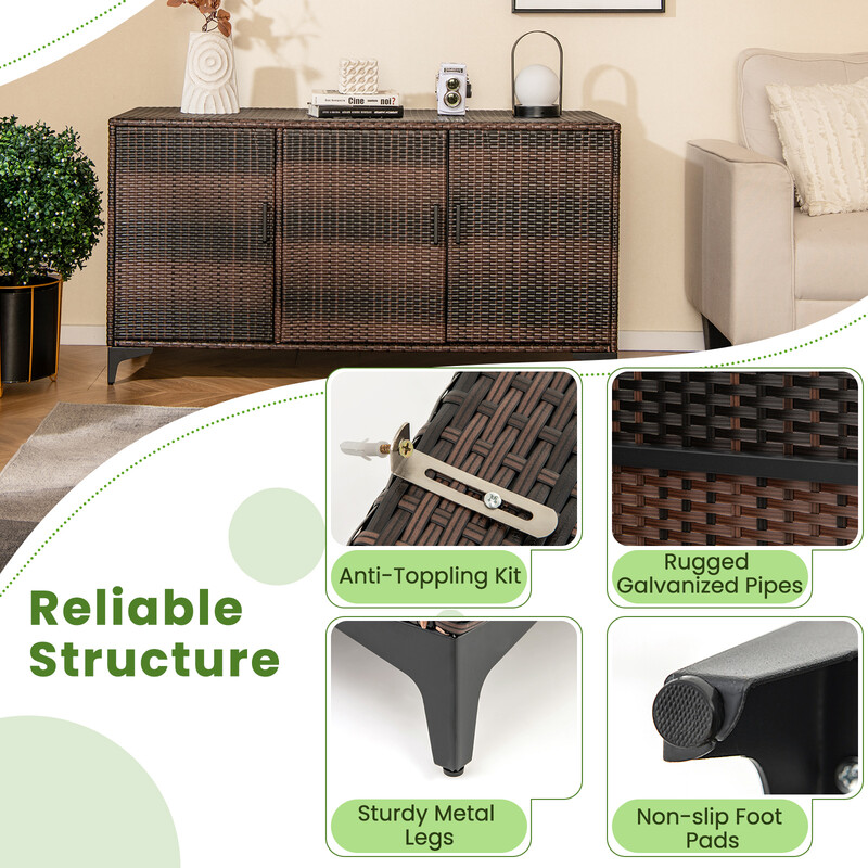 Rymligt brunt förvaringsskåp i rotting för utomhusbruk med avtagbara hyllor och dörrar