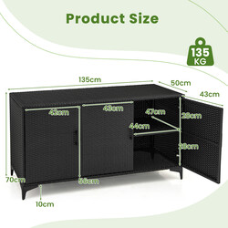 Svart väderbeständigt rottingskåp med avtagbara hyllor och dörrar för utomhusbruk 318L