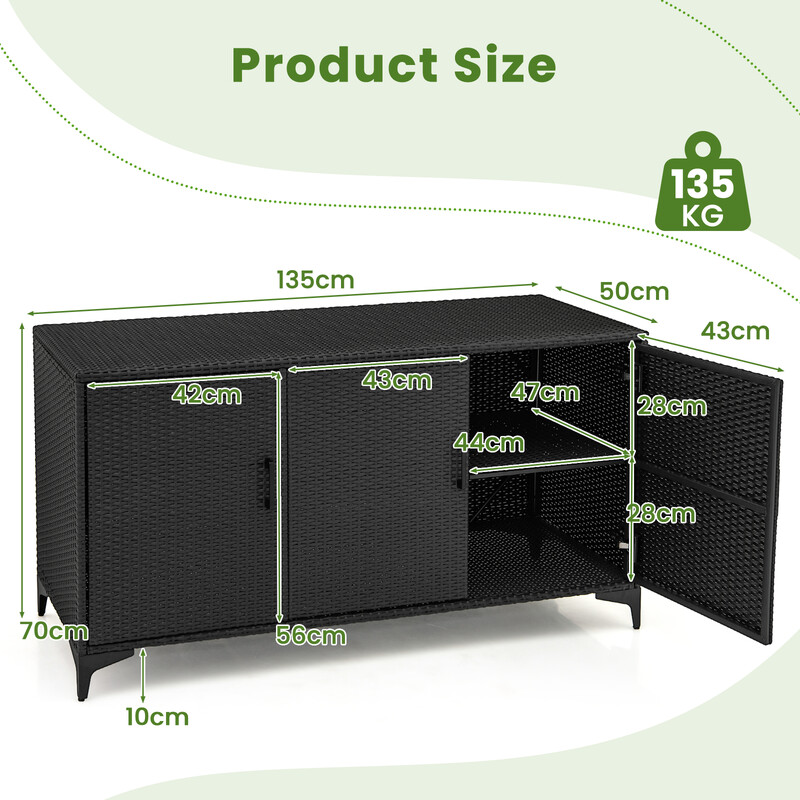 Svart väderbeständigt rottingskåp med avtagbara hyllor och dörrar för utomhusbruk 318L