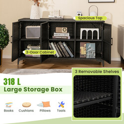 Svart väderbeständigt rottingskåp med avtagbara hyllor och dörrar för utomhusbruk 318L