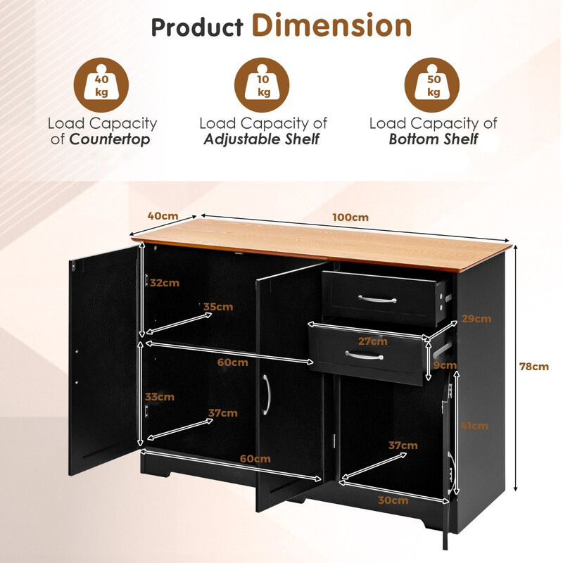 Svart köksskåp med arbetsyta, justerbara hyllor, lådor och dörrar för mångsidig förvaring