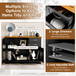 Svart köksskåp med arbetsyta, justerbara hyllor, lådor och dörrar för mångsidig förvaring