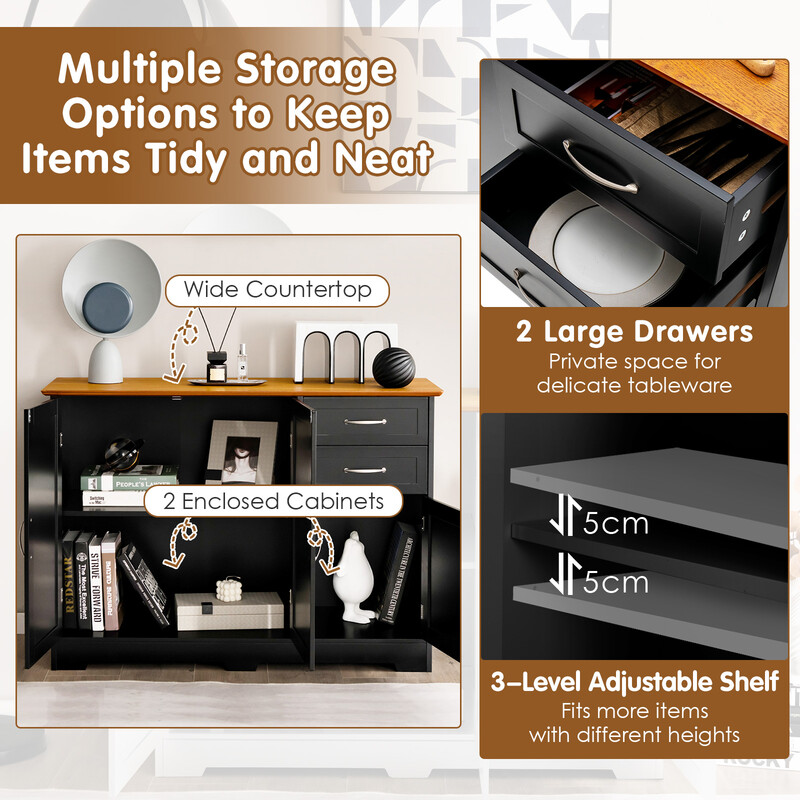 Svart köksskåp med arbetsyta, justerbara hyllor, lådor och dörrar för mångsidig förvaring