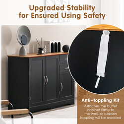 Svart köksskåp med arbetsyta, justerbara hyllor, lådor och dörrar för mångsidig förvaring