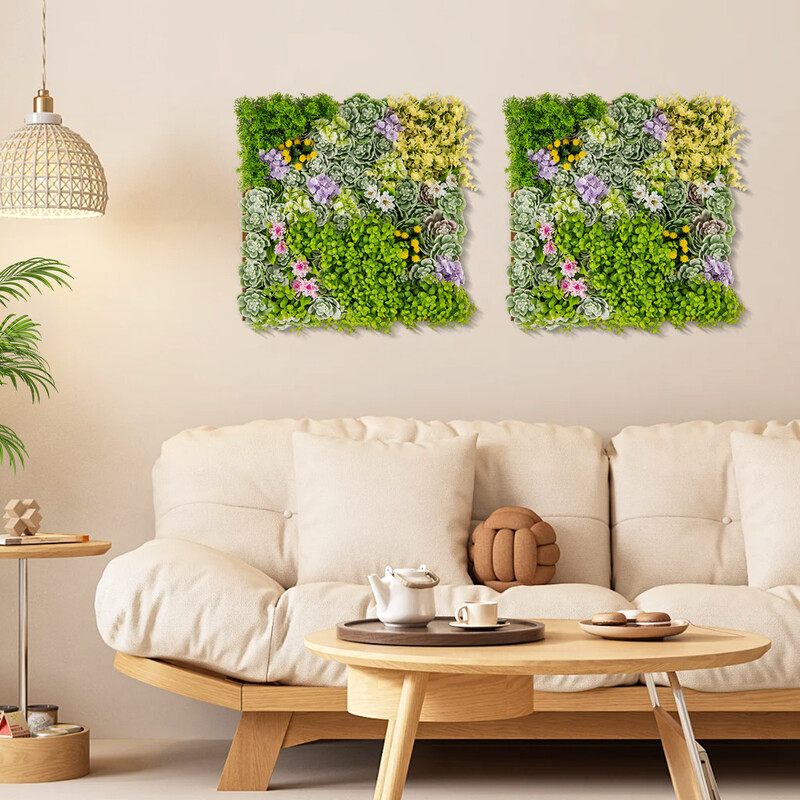 2-pack fyrkantig väggkonst med konstgjort lövverk 3D-väggdekoration 50 x 50 cm blommor