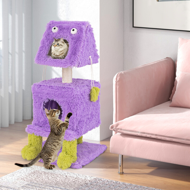 Litet klätterträd för katter 111 cm med monsterdesign och avtagbart toppstycke lila