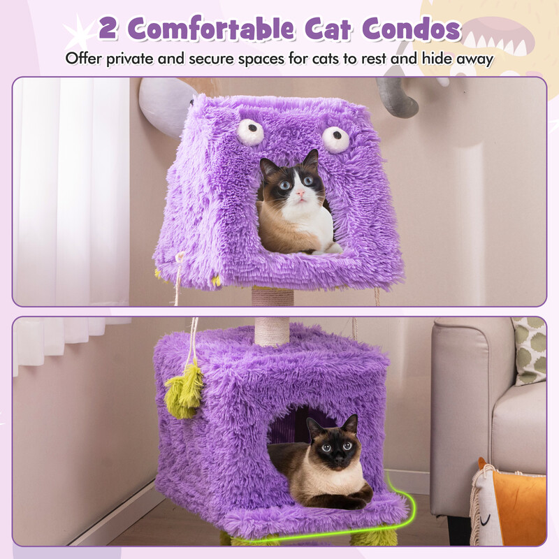 Litet klätterträd för katter 111 cm med monsterdesign och avtagbart toppstycke lila