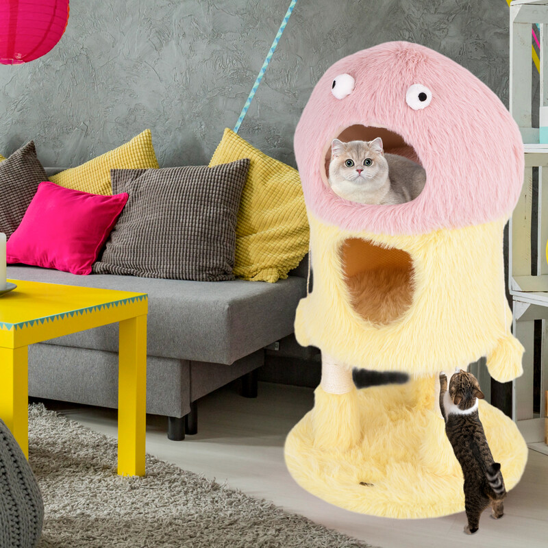 Klätterträd för katter 93 cm med monsterdesign i rosa och gult