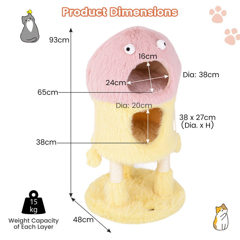 Klätterträd för katter 93 cm med monsterdesign i rosa och gult