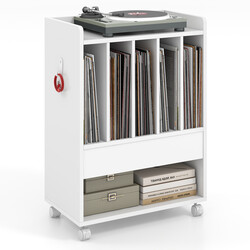 Vinylställ med låda och hjul för upp till 180 skivor i vit MDF