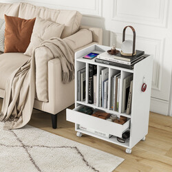 Vinylställ med låda och hjul för upp till 180 skivor i vit MDF